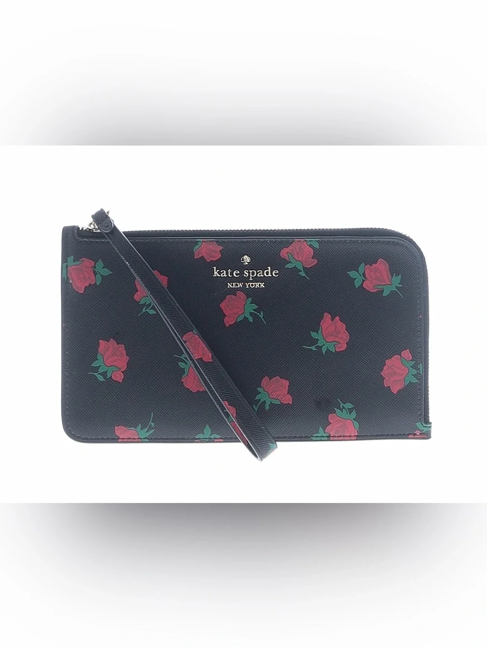 kate spade Black Floral L-Zip Wristlet with Red Roses. NWOT